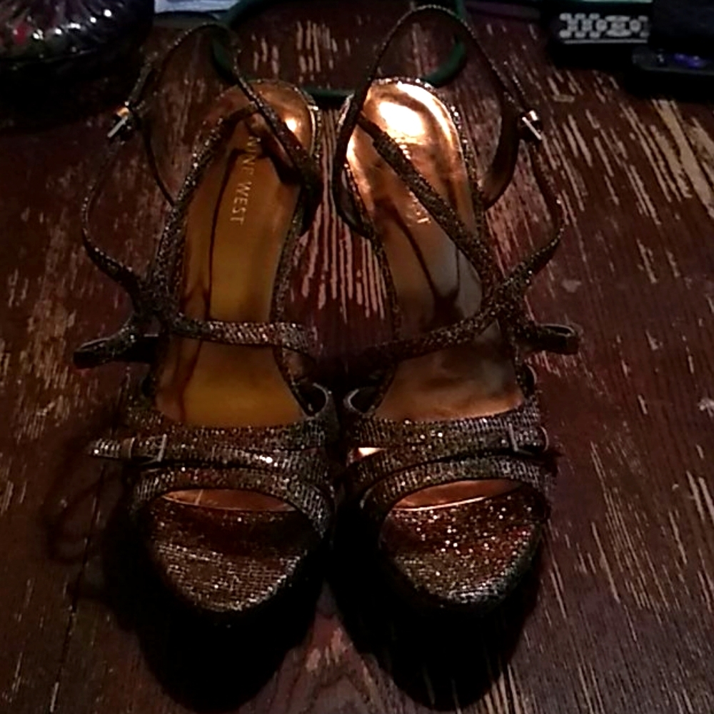 Nine West Gold glitter ankle strap open toe heels